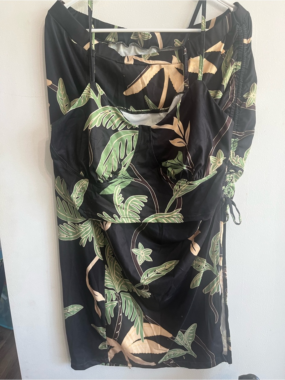 SHEIN Black Midi Dress with Green and Tan Tropical Leaves